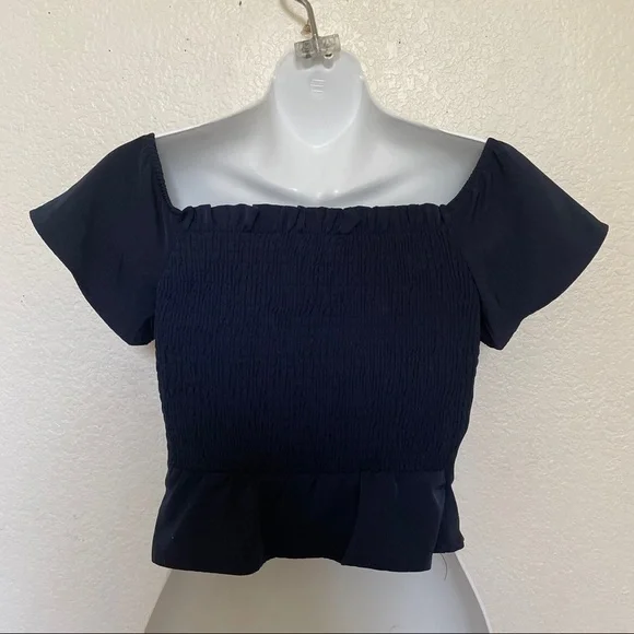Revolve Superdown Navy Blue off the shoulder fitted crop top shirt Womens - Picture 5 of 6
